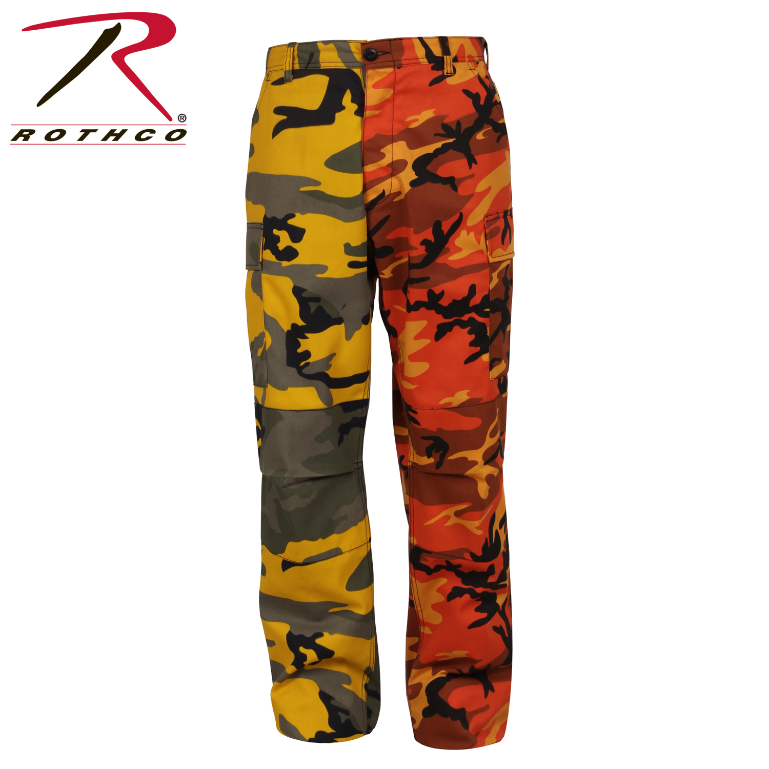 orange black and yellow camo pants